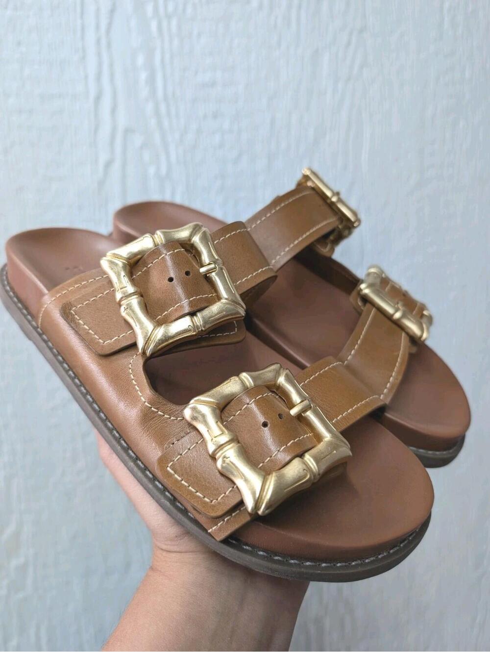 SHUTZ Enola Sporty Leather Slides Sandals Gold Buckles Women's Size 8